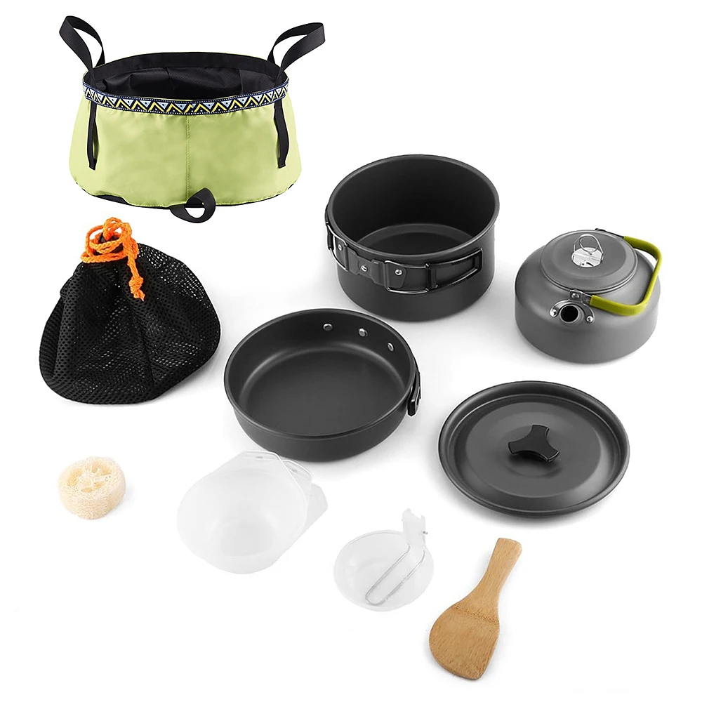 

Outdoor 10Pcs Aluminum Camping Cookware Mess Kit Backpacking Cooking Pot Pan Kettle Set Tableware with Folding Wash Basin Bucket