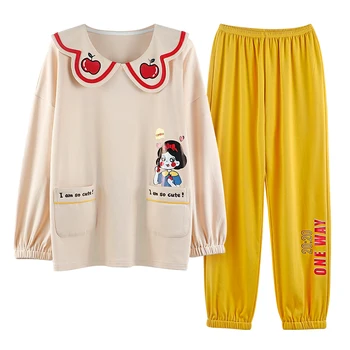 

Pajama Set Female Spring/autumn Doll Collar Sweet Style Home Service Loose Casual Girl Cartoon Pajamas Two-piece Set For Women