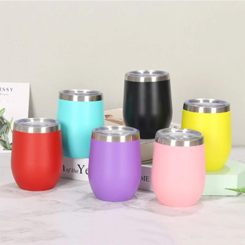 

12oz Wine Tumbler Mug Egg Shaped Cup Stainless Steel With Lids Double Wall Insulated Thermos Vacuum Drinkware For Party Gift