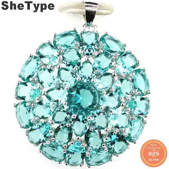 

36x30mm Charm Created 6.1g Round Shape Pink Kunzite Rich Blue Aquamarine Girls 925 Sterling Silver Pendant
