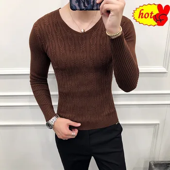 

Men Korean Simple Sweater New Slim Fit Casual Knitted Sweaters For Men Clothes 2020 Long Sleeve V Neck Pull Homme Hot Sale