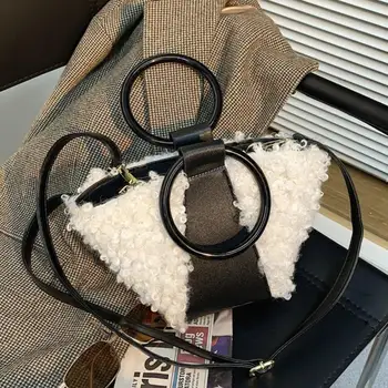 

Contrast color Ring Tote Bucket Bag 2020 Winter New Quality PU Leather Women's Designer Handbag Plush Shoulder Messenger Bag