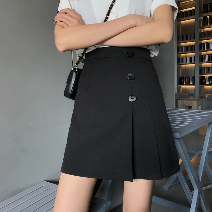 Button Front Black Skirts Womens Summer High Waist A-line Short