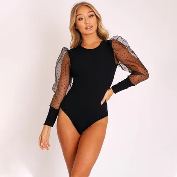 

New Lace Puff Sleeve Women's Bodysuit Autumn Long Sleeve Polka Dot Vintage Bodycon Jumpsuit Tops Skinny Mesh Bodysuits