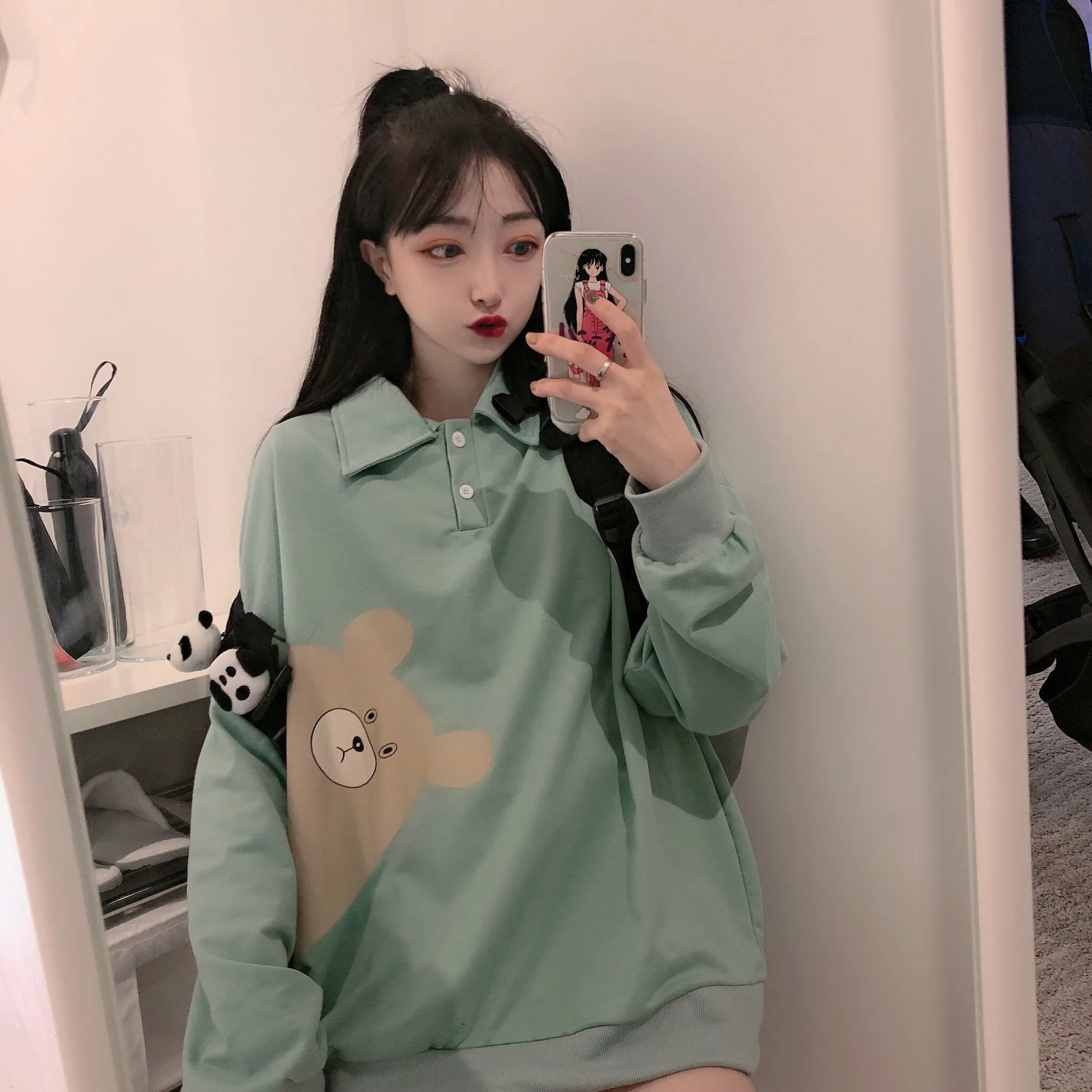 Японский Kawaii милый свитшот с капюшоном с принтом медведя отложной воротник женские толстовки Harajuku Свободные осенние и зимние повседневные топы