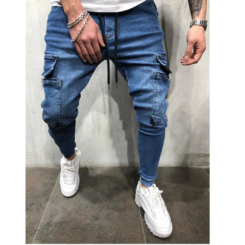 Мужская одежда хип-хоп спортивные штаны обтягивающие джинсовые мотоциклетные брюки дизайнерские черные джинсы на молнии мужские повседневные мужские джинсовые брюки - Цвет: Blue