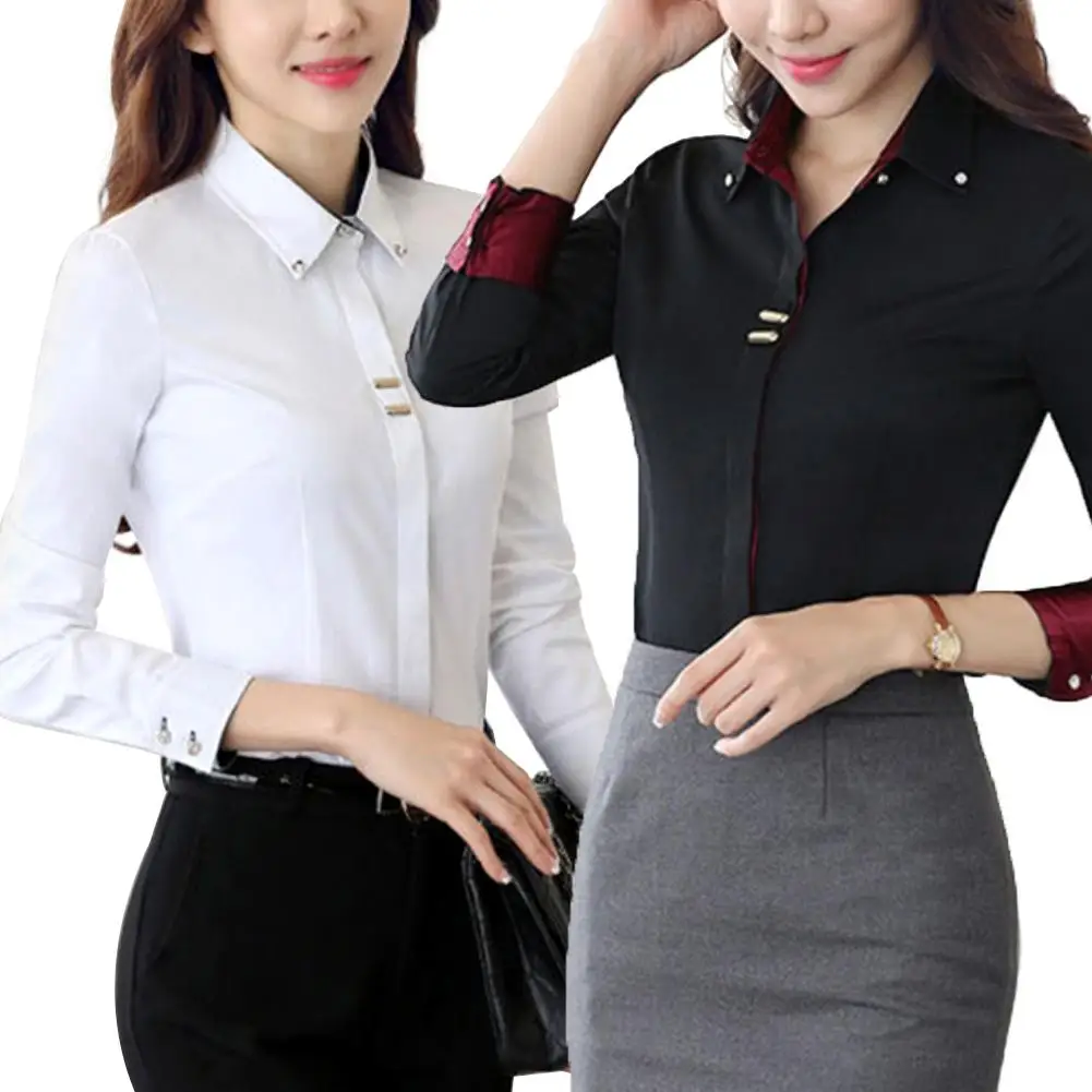 

Office Lady Turn Down Collar Long Sleeve Buttons Cuff Cotton Plus Size Shirt Womens Tops and Blouses Print Long Sleeve Shirt