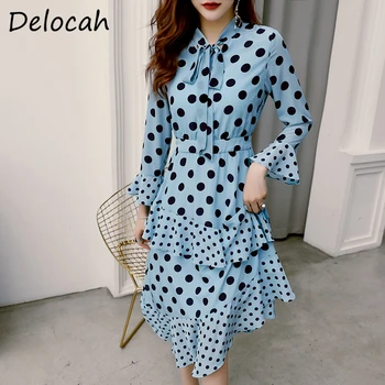 

Delocah Summer Elegant Dot Print Bow tie Dress Flare Sleeve Elegan Slim Female Holiday Asymmetrical Midi Dresses vestidos