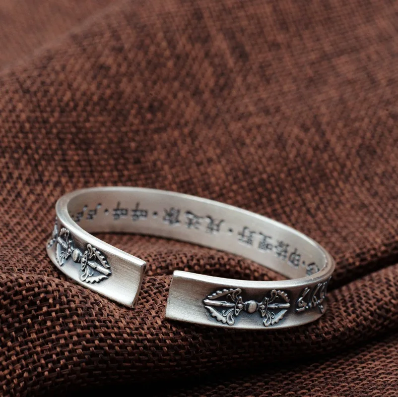 

ESSDCW Pure S990 Silver Antique Craft Buddhist Scriptures Ladies' Power of Wisdom Bracelets Silver Opening Bangle Birthday Gift