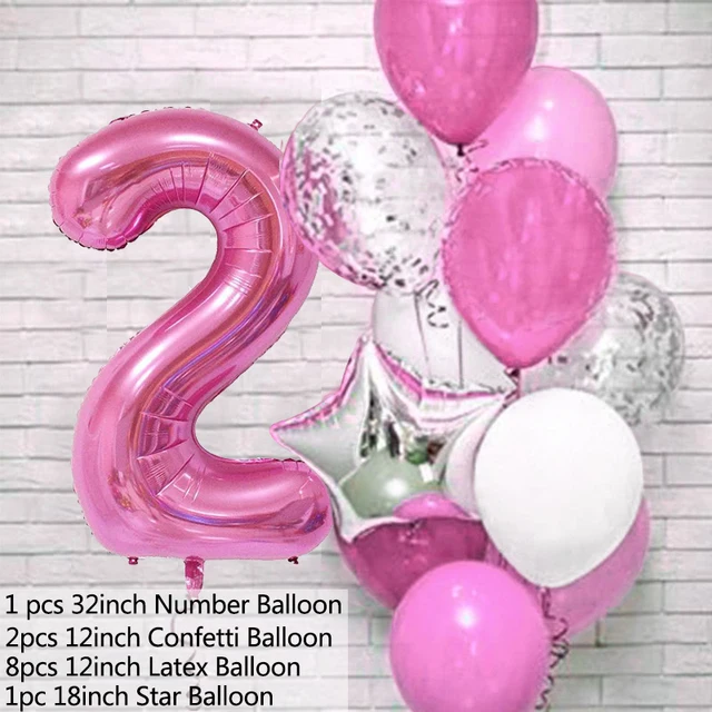 12pcs Pink Number Foil Balloon Birthday Party Decoration Latex Balloons Kids Baby Girl 1 2 3 4 5 6 7 8 9 Years Old 1st Birthday P-balloon number 2