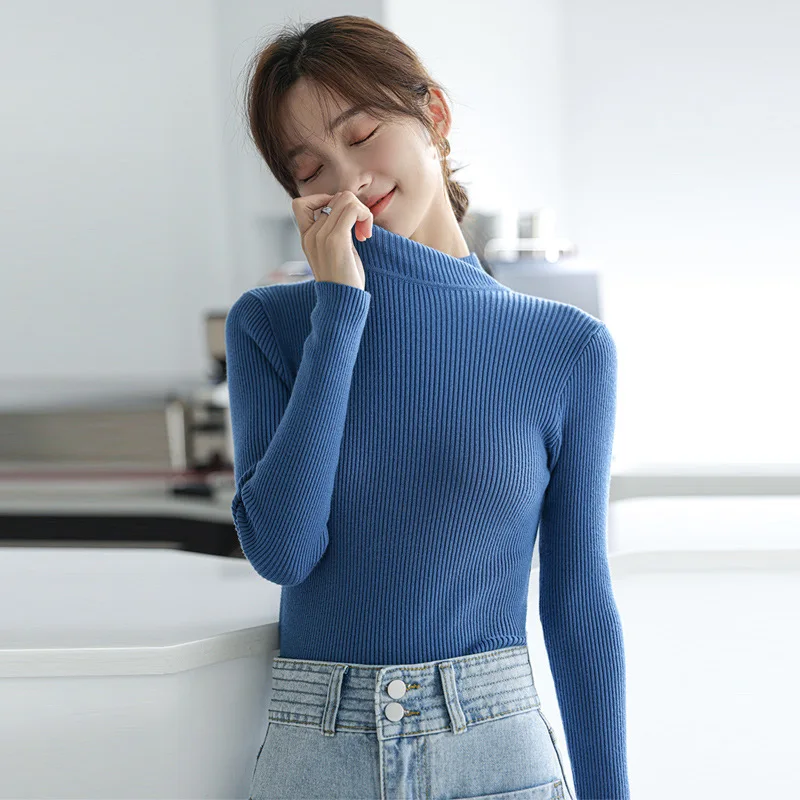 

2022 Winter All-match Female Jumpers Long-sleeve Bottoming Shirt Casual Knitted Top Half Turtleneck Slim Sweaters Pullover