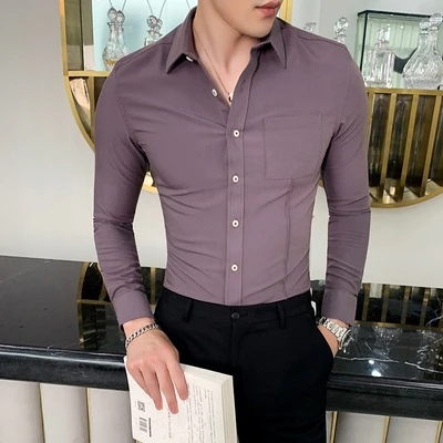 Осенняя облегающая Мужская рубашка в британском стиле с длинными рукавами