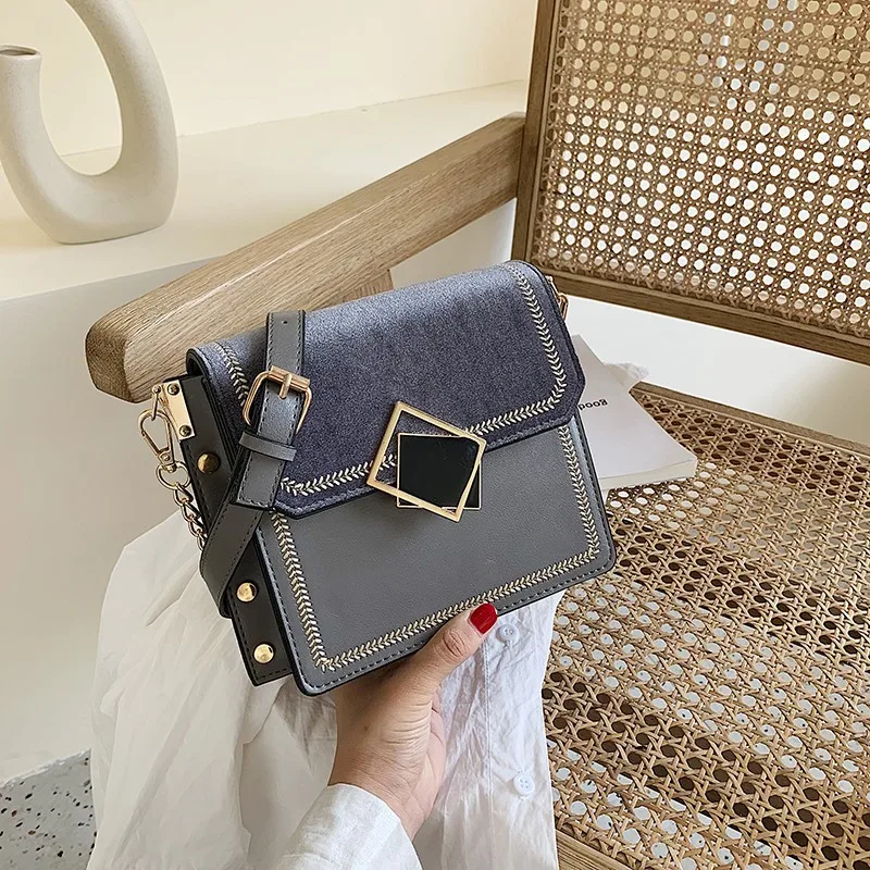 

Velvet Rivet Women Handbag 2019 Winter New Small Square Messenger Bag Contrast Color Suede Shoulder Crossbody Bag Fashion