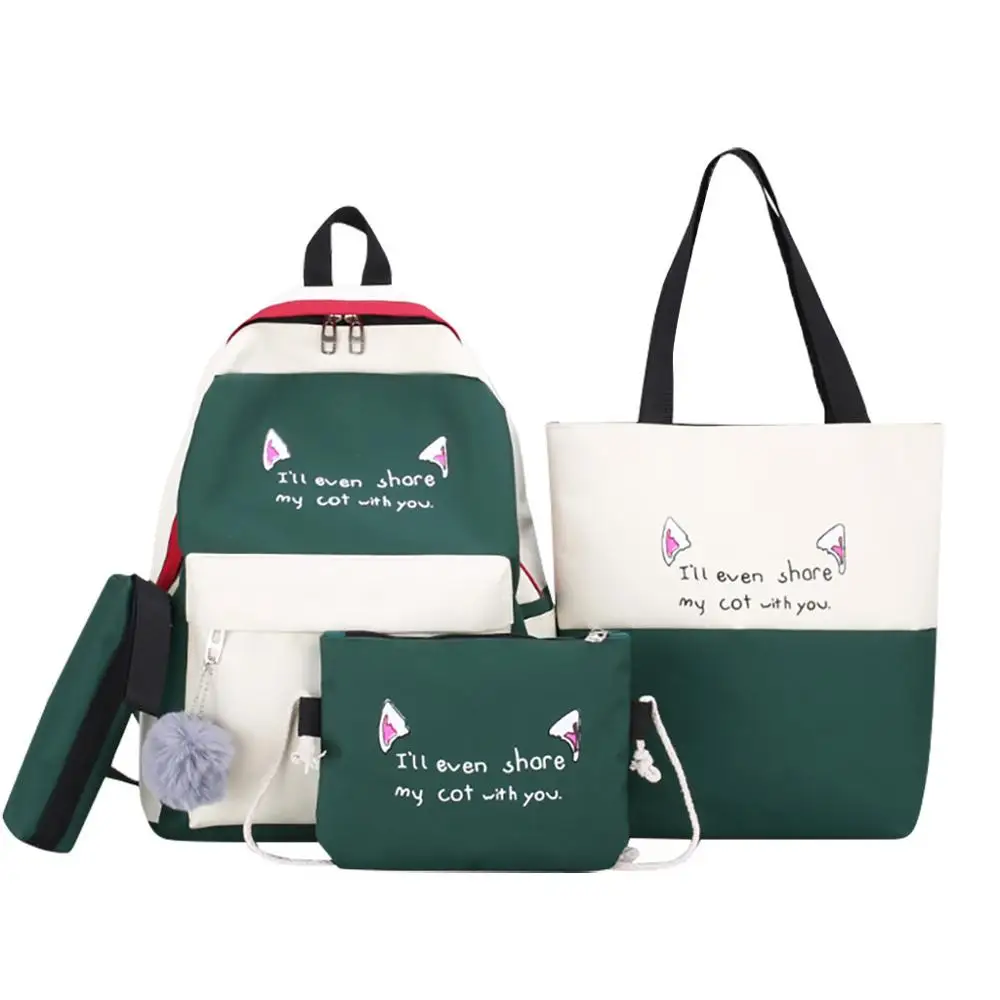 

4PC Set Student Backpack Women Canvas Alphabet School Shoulder Bags Casual Large Capacity Travel Backpack Mochila Pencil Case
