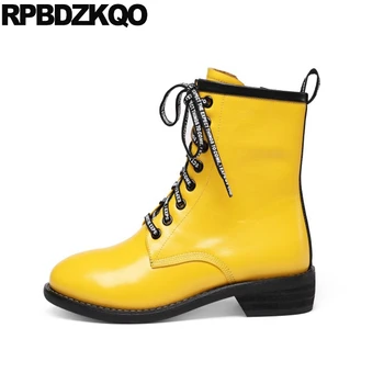 

winter fur round toe front lace up casual ankle boots autumn booties women chunky 10 block combat yellow military big size shoes