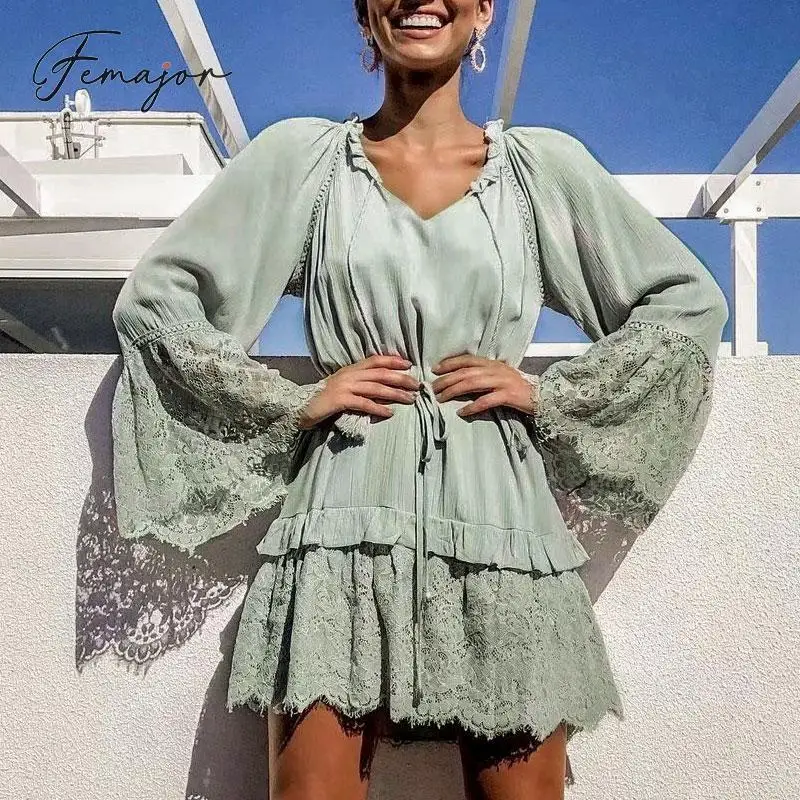 

Femajor Women Fall 2019 Vintage V Neck Long Sleeve Lace Patchwork Short Party Dress Female Elegenat Green Party Dress Ladies