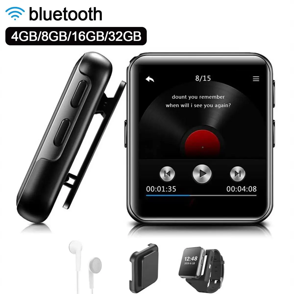 

Mini Clip MP3 Player bluetooth with 1.54 Inch Touch Screen Portable MP3 Music Player HiFi Metal Audio Player with FM for Running