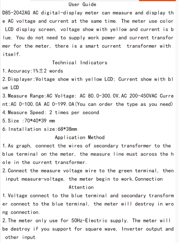 AC 80-300V 200-450V Ammeter Voltmeter Current Meter Voltage Indicator Volt Amp Monitor 100A 199.9A 400A LCD Scree CT Full View