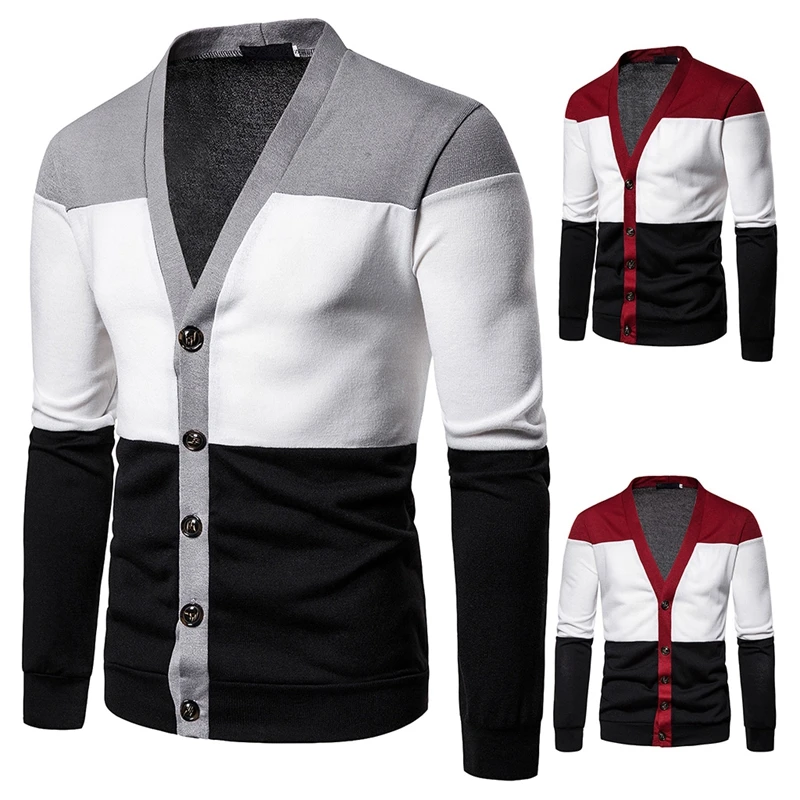 SHUJIN 2019 New Men's Knitted Sweater Casual Patchwork Jacket Three-color Stitching Deep V Cardigan Men's Knitted Sweater SHUJIN 2019 New Men's Knitted Sweater Casual Patchwork Jacket Three-color Stitching Deep V Cardigan Men's Knitted Sweater