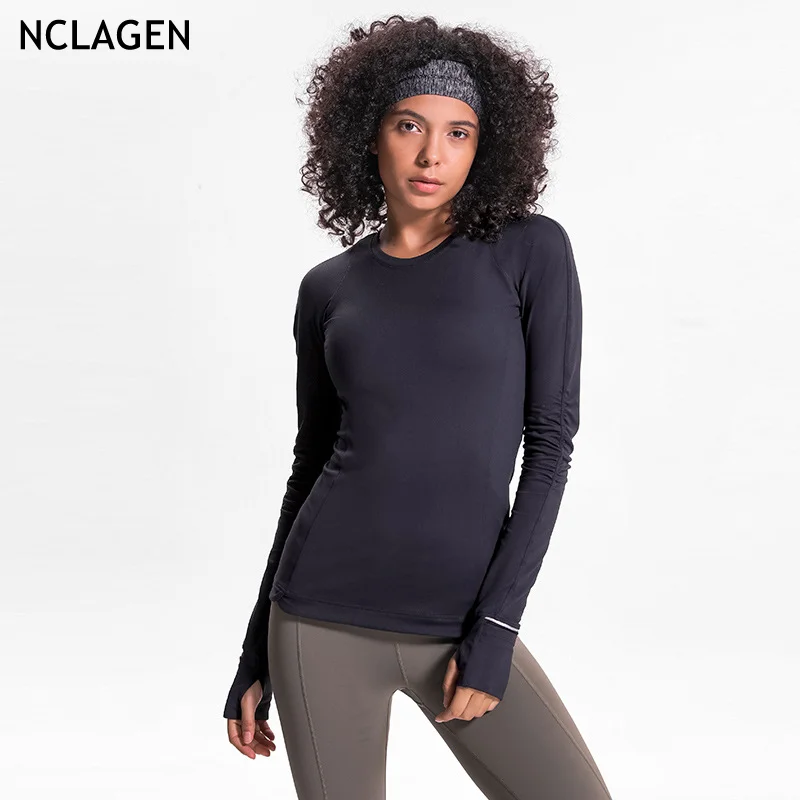 

NCLAGEN Sports Top Long Sleeve With Pockets Zipper Fitness Yoga Shirts Women Running Gym Workout Breathable Athletic Pullover
