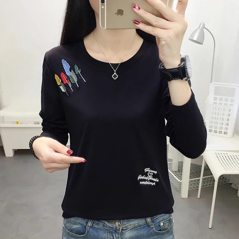 Ceny Plus rozmiar T koszula kobiety ubrania 2020 haft Tshirt z długim rękawem topy odzież t shirty koszulka casual Shirt Femme Poleras Mujer