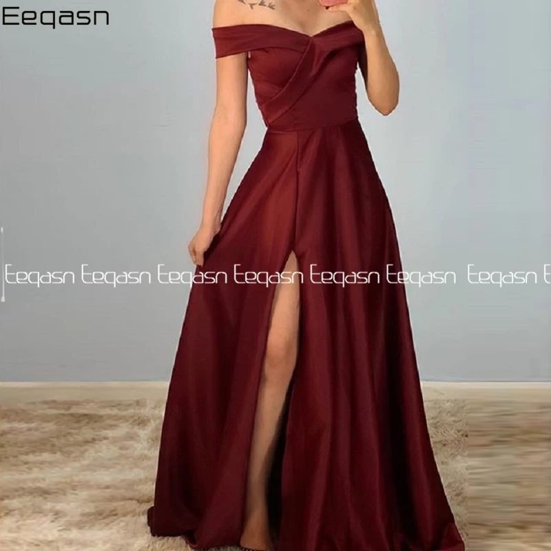 Simple Burgundy Long Satin Prom Dresses with Slit Women Sexy Off the Shoulder A-line Backless Evening Gown Gala Dress