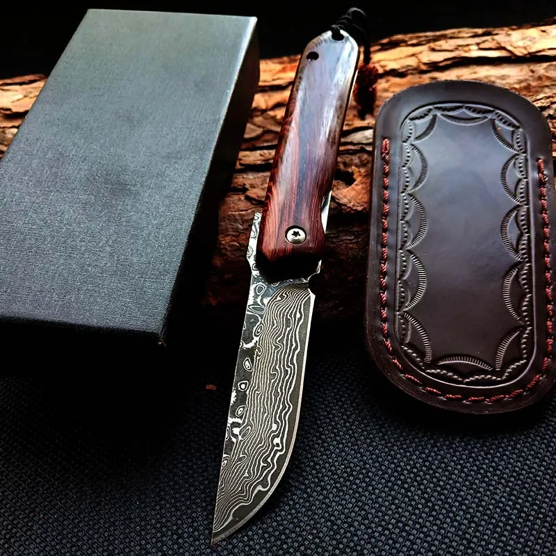 Black handle Складной нож produc Карманный дамасский клинок сандалии деревянные ручные ножи для выживания охотничий Открытый нож спасательных операций походов EDC инструменты - Цвет: Black handle
