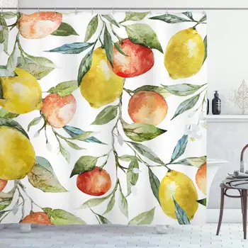 

Nature Shower Curtain Lemon and Orange Clementine Tree Branches Fruit Yummy Winter Season Vitamin Design Cloth Fabric Bathroom