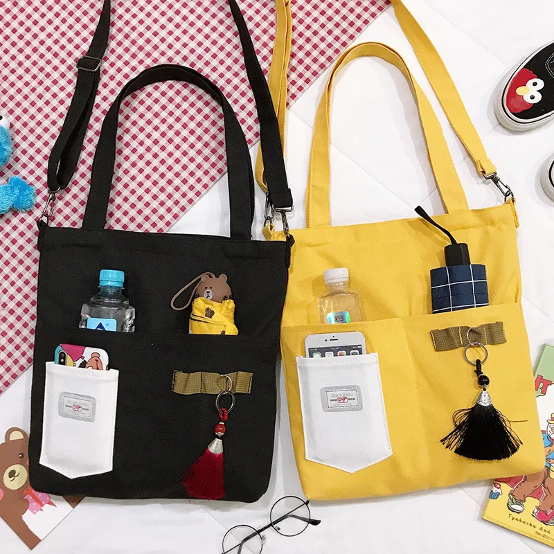 

PURFAY Simple Women Package with pen pocket Canvas Bag Handbags Japanese Literary Shoulder Bag Casual Shopping Tote Girl Handbag