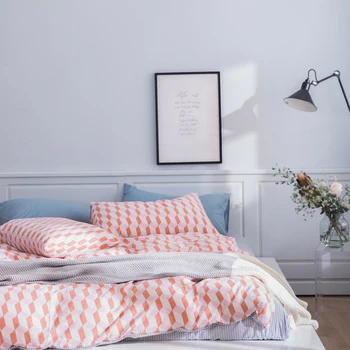

Geometric Plaid Striped Bedding Set Twin Queen Size Duvet Cover Bed Sheets Pillowcase Washed Cotton Fabric Pink Blue Checker