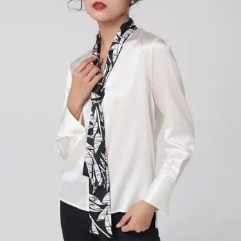 

Silk long sleeve shirt female 2020 spring shirt mulberry silk bowknot printing ribbon satin shirt wholesale