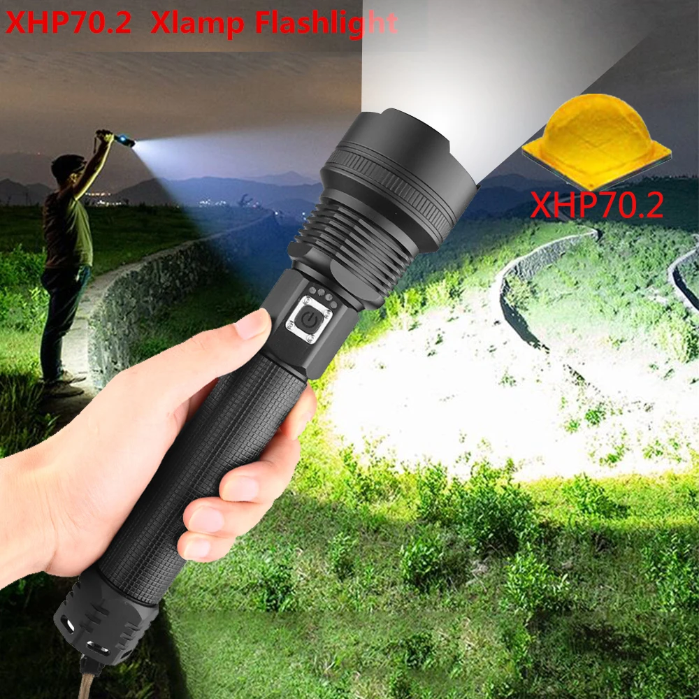 Ultra Bright XLamp XHP70.2 Most Powerful LED Flashlight USB Zoom Torch XHP70 XHP50 18650 26650 Rechargeable Battery Flashlight