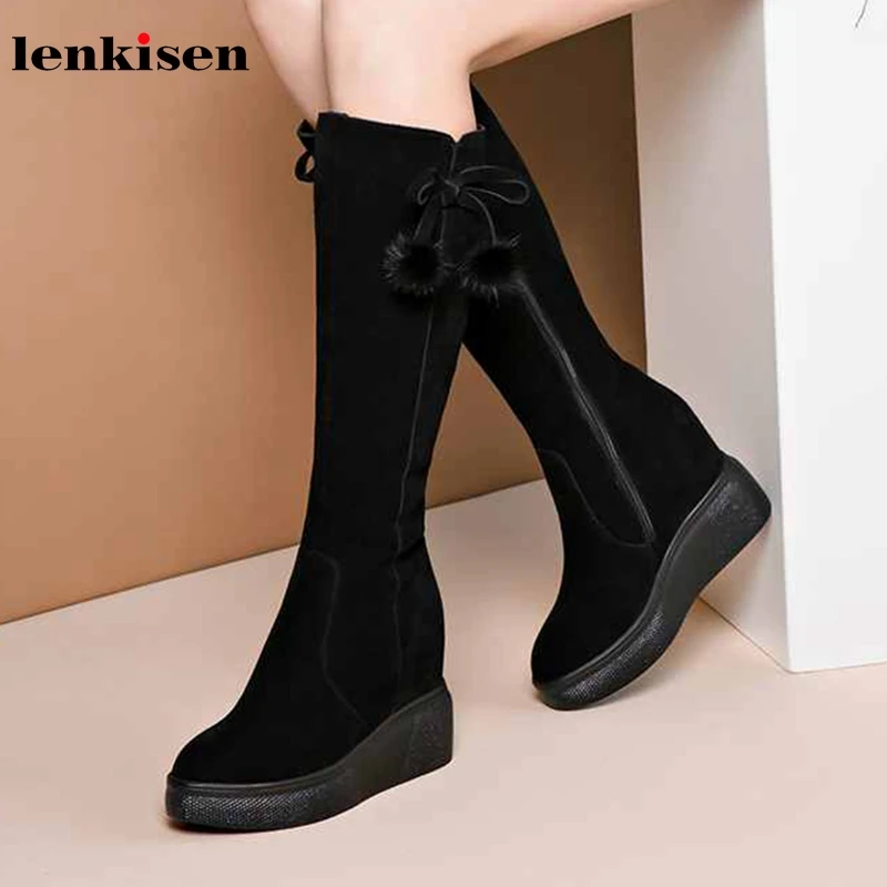 

Lenkisen genuine leather thick bottom height increasing bowtie lace up zip black colors warm winter women thigh high boots L05