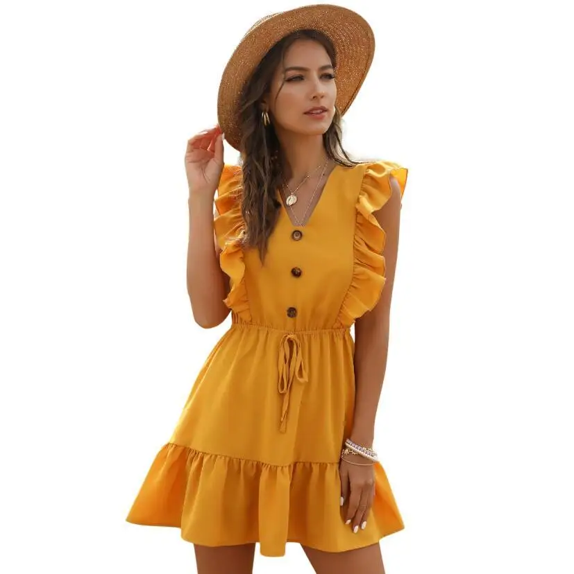 

Forefair Sexy Women Dress Ruffle Off Shoulder Tunic High Waist Party V Neck Casual Boho Beach Yellow Women 2021 Summer Dress