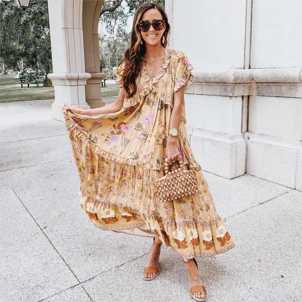 

Bloom Gown Long Women Dress V-Neck Short Sleeve Ruffles Summer Boho Chic Floral Print Maxi Dress Beach Party Wear Vestidos