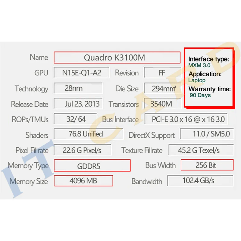 Quadro K3100M K3100 GDDR5 4GB Video Graphics Card