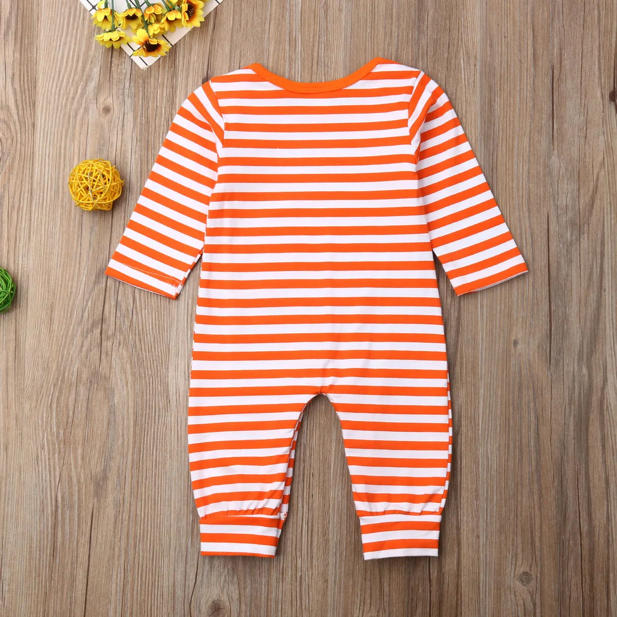 Cute Infant Newborn Baby Boy Girls Halloween Costumes Party Clothes Pumpkin Print Striped Long Sleeve Romper Overall Outfits