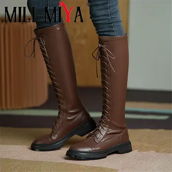

MILI-MIYA Casual Street Shoes Women Cow Leather Knee High Boots Middle Lace-Up Round Toe Square Heels Size 34-40 For Ladies
