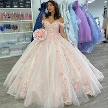 Robe de soirée mexicaine à fleurs 3D pour filles, magnifique robe de bal, grande taille, rose, Blush, fleurs, 2021