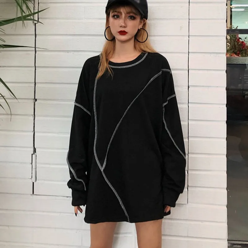 

Women Tops Autumn Korean Style Loose Simple Personality Line Design Solid Color Long Sleeved Top T-Shirt