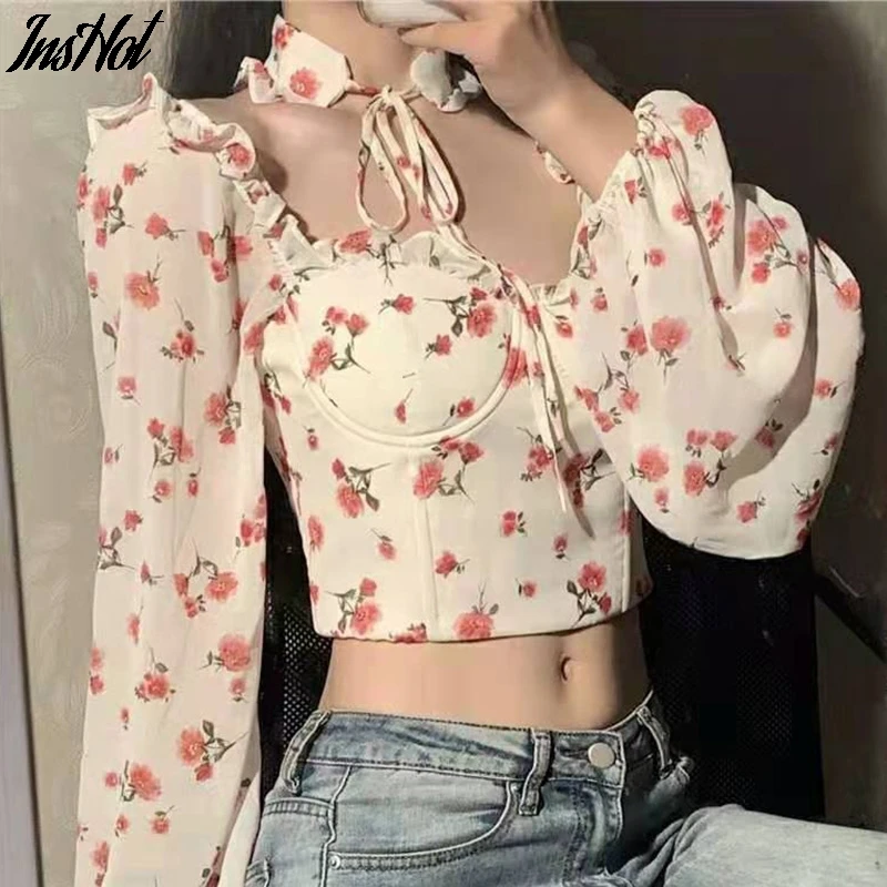 Tops sexys para mujer, Blusa de gasa elegante con estampado Floral gótico, camisetas rosas de manga larga, Tops cortos para mujer 2021