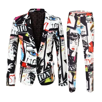 

New Brand Tide Mens Fashion White Print Casual Suits with Pants Plus Size Hip Hot Male Slim Fit Prom Suit for Men Singer Wedding