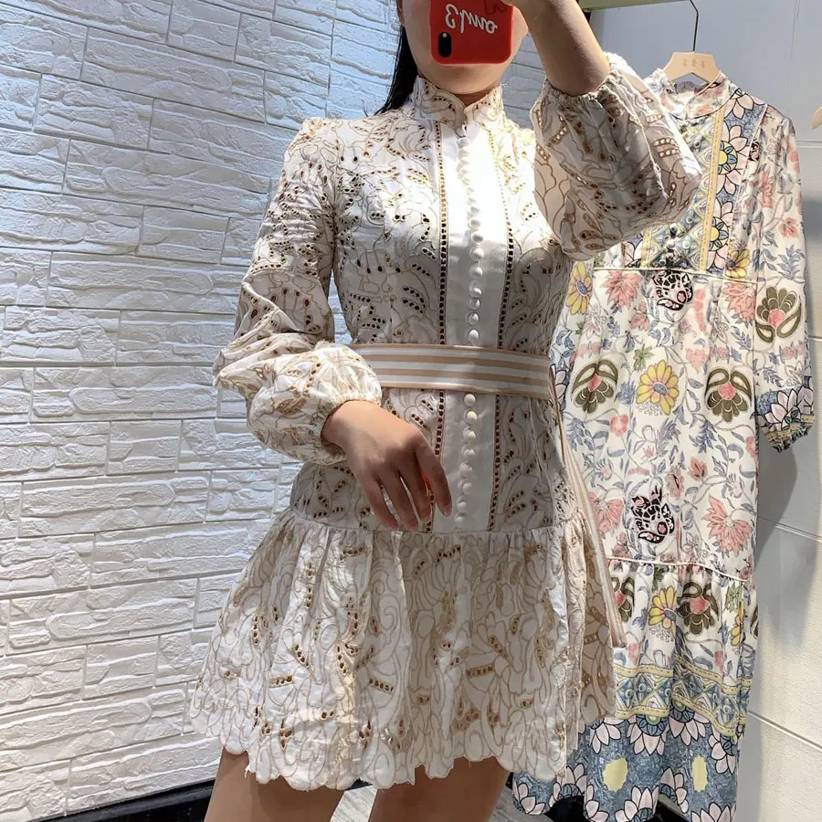 High Quality Women A-line Dress Long Sleeve Hollow Out Embroidery Sexy Dress Holiday and Vocation Winter Dress Women Clothe