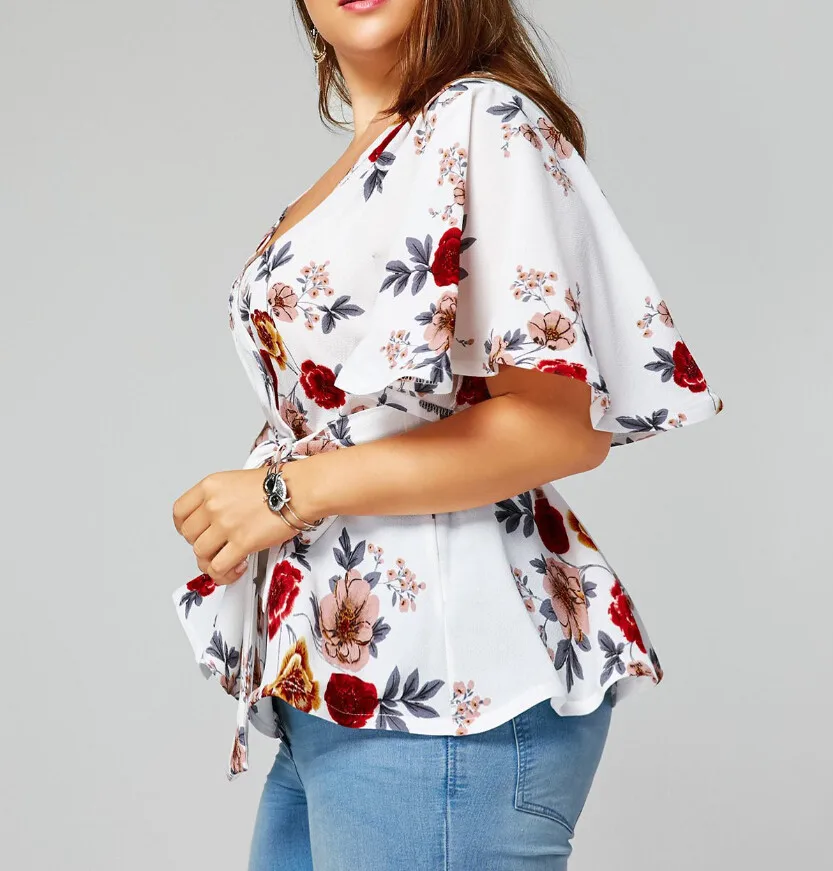 Plus Size S-5XL Summer Women Blouse Sexy V Neck Floral Print Flare Sleeve Belted Surplice Peplum Tops And Blouse Blusas Feminina