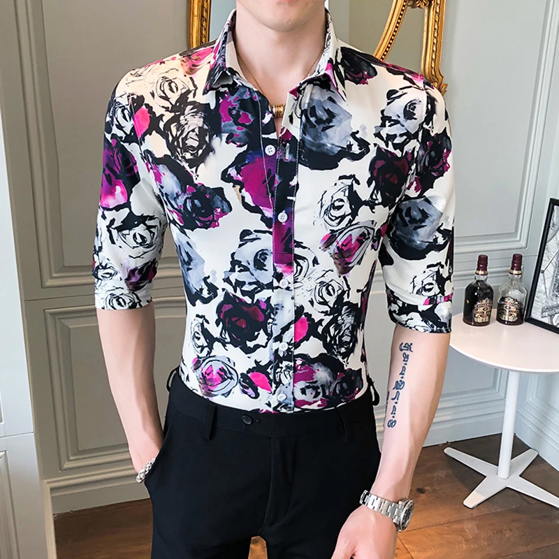 Mens Slim Fit Dress Shirt Lapel Floral Formal Stylish Tops Casual Summer Blouse 