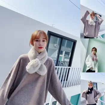 

Winter Warm Faux Fur Thick Plush Neck Scarf Girls Fashion Rhinestone Solid Color Warmer Scarves