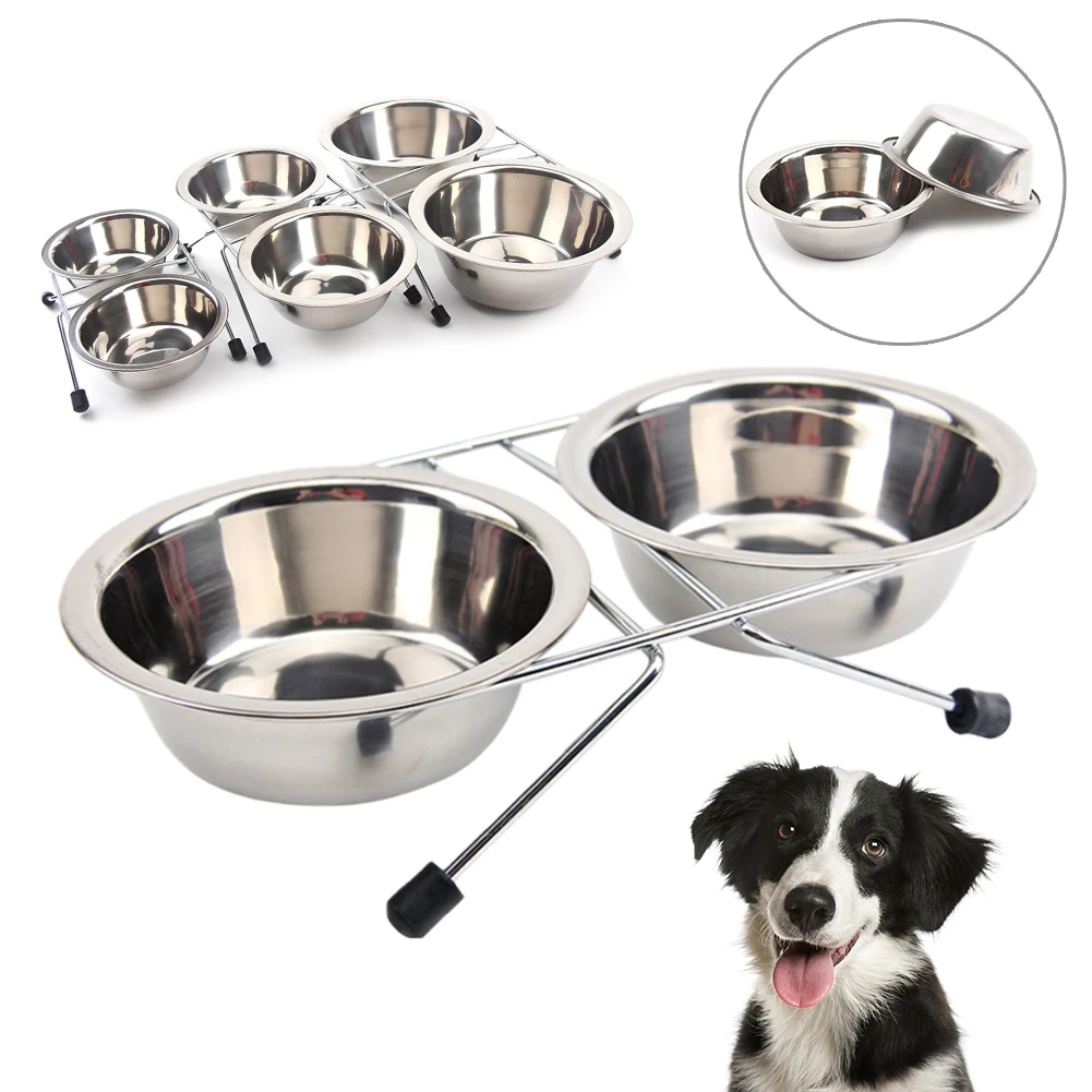 

Pet Three Sizes Stainless Steel Material Double Bowl With Stand Anti-slip Support Foot Design Safe And Non-toxic Dog Eating Bowl