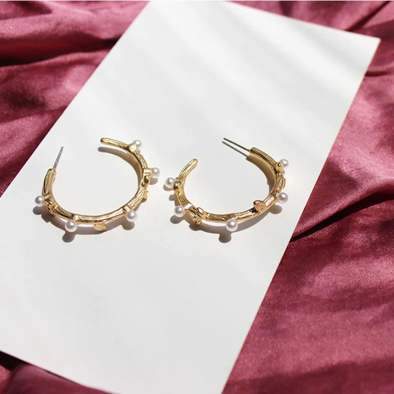 Silver Gold Color Metal Round Imitation Pearl C Shape Leaf Open Alloy Minimalist Hoop Earrings For Women Party Wedding Jewelry