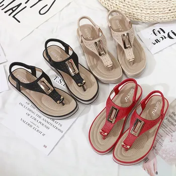 

2020 Summer Women Wedge Heel Sandals Woman Flip Flops Women Elastic Band Shoes Beach Metal Buckleh Flip Flops Female Sandals
