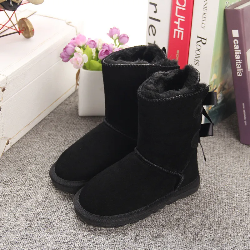 Qizheng/зимние ботинки для девочек в австралийском стиле; детские зимние ботинки с бантиками; Детские Водонепроницаемые ботинки; бренд для малышей; ; европейские размеры 21-35 - Цвет: 2 Bow Black
